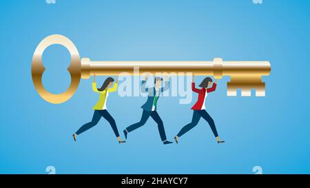 People running with the golden key for solution. Vector illustration. EPS10. Dimension 16:9. Stock Vector