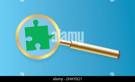 Golden magnifying glass with green puzzle, jigsaw piece. Vector illustration. Dimension 16:9. Stock Vector