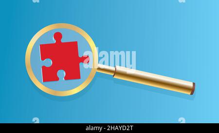 Magnifying glass with red puzzle piece. Vector illustration. EPS10. Dimension 16:9. Stock Vector