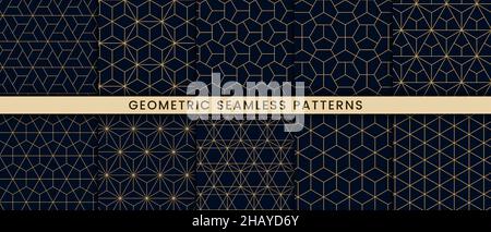Set of geometric seamless pattern polygonal shape. Luxury with gold lines on dark navy background Stock Vector
