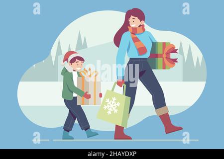 christmas shopping scene with presents vector design illustration Stock Vector