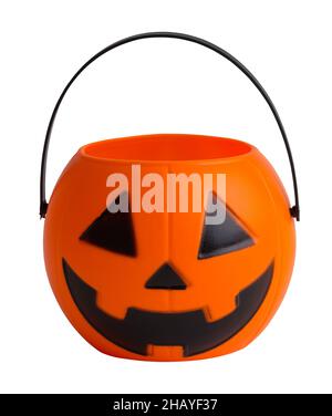 Plastic Jack O Lantern Pumpkin Bucket Cut Out on White. Stock Photo