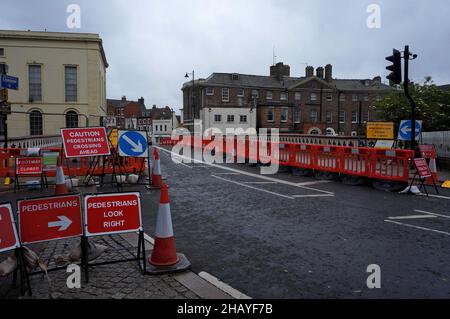 ripair work on the town bridge in Boston with red warning signs including for Covid 19 in BOSTON Lincolnshire, Stock Photo