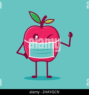 cute apple wearing mask character vector illustration in flat style. suitable for icon, symbol,mascot Stock Vector