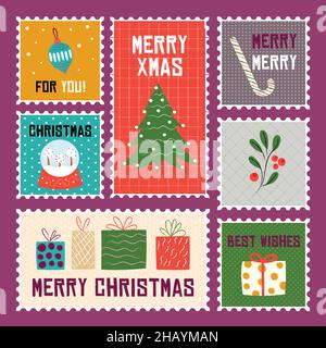hand drawn christmas stamps vector design illustration Stock Vector