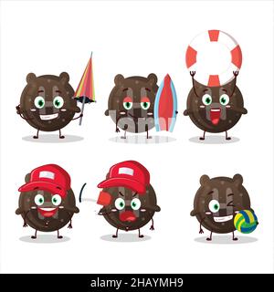 Happy Face chocolate gummy candy H cartoon character playing on a beach. Vector illustration Stock Vector