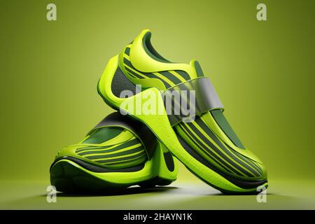 Realistic sports sneakers with green and black  inserts and green colors for training and fitness on a monocrome  background, fashion sneakers, 3D ill Stock Photo