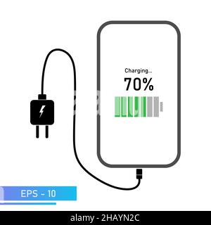 The smartphone is charged from the power supply. Indication of the charging process on the smartphone screen. Vector illustration. Stock Vector