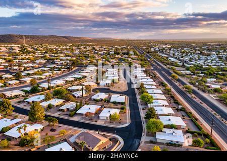 Aerial view of a modern residential neighborhood featuring rows of ...