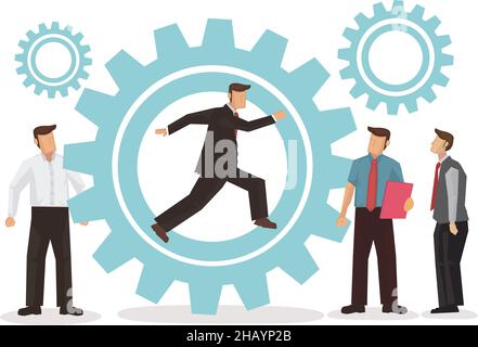 Businessmen working on push gears, teamwork or leadership concept. Vector illustration. Stock Vector