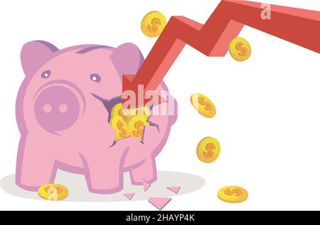 Broken piggy bank by a red arrow. Concept of economic collapse. Isolated on white background. Vector illustration. Stock Vector