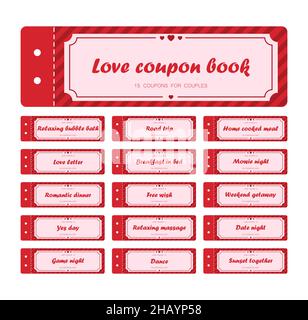 Coupon book for Valentines day. Love night tickets. Best gift for boyfriend. Present for couples. Vector cards templates in cartoon style Stock Vector