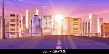 Sunrise in modern city, urban skyline with sun rising above skyscraper buildings, view from bridge. Morning metropolis cityscape with road and houses, town architecture, Cartoon vector illustration Stock Vector