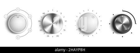 Volume control knobs, round switches with sound level dial. Vector realistic set of 3d audio tuners, metal and white circle regulators of loud or power isolated on background Stock Vector