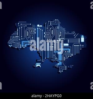 Contour map of Ukraine with a technological electronics circuit. Stock Vector
