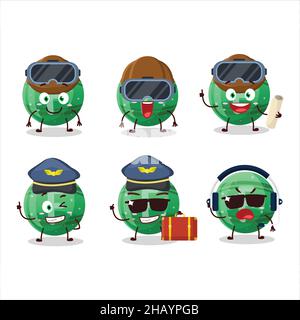 Pilot cartoon mascot green gummy candy F with glasses. Vector illustration Stock Vector