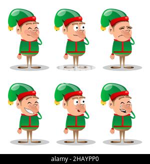 Christmas Elf holding his nose because of a bad smell. Vector cartoon character illustration of Santa Claus's little worker, helper. Stock Vector