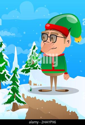 Christmas Elf holding his nose because of a bad smell. Vector cartoon character illustration of Santa Claus's little worker, helper. Stock Vector
