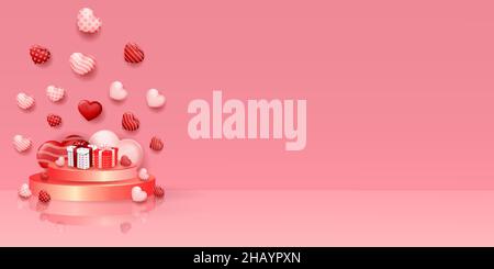 valentines day background with gift boxes on podium and 3d realistic hearts with copy space Stock Vector