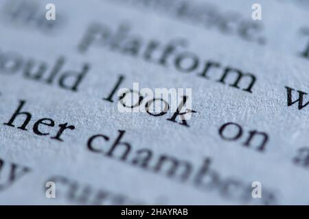 Shallow depth of field in a Book showing words Stock Photo