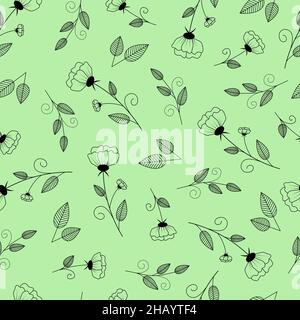 Seamless pattern with delicate contour flowers and twigs with leaves Stock Vector