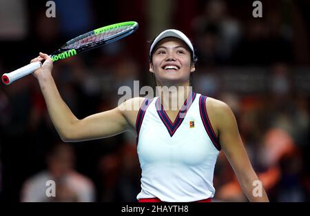 File photo dated 28-11-2021 of Emma Raducanu. Raducanu’s spectacular US Open triumph was the highlight of the 2021 season, winning all 10 matches in straight sets. It was at Wimbledon that Raducanu showed the British public and the tennis world what a special talent she is, reaching the fourth round with displays of poise and intelligence that belied her lack of experience. Ranked 338 at the start of the Championships, Raducanu finished the year as only the fifth British woman to make it into the world’s top 20 despite playing in just 10 tournaments. Issue date: Thursday December 16, 2021. Stock Photo