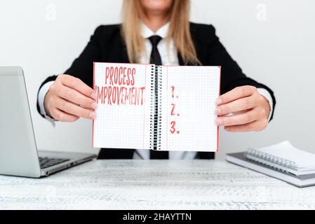 Text caption presenting Process Improvement. Conceptual photo Optimization Meet New Quotas Standard of Quality Assistant Offering Instruction And Stock Photo