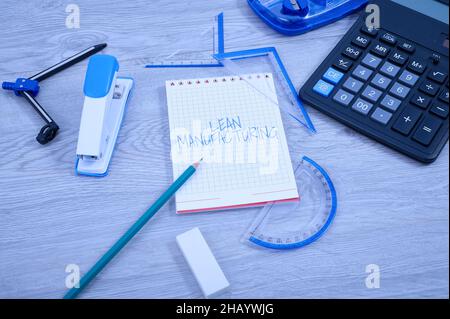 Text caption presenting Lean Manufacturing. Word for Waste Minimization without sacrificing productivity Blank Notebook Page With A Calculator And Stock Photo