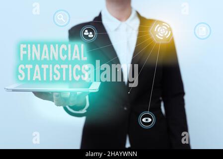Conceptual caption Financial Statistics. Word Written on Comprehensive Set of Stock and Flow Data of a company Woman In Uniform Displaying Mobile Stock Photo