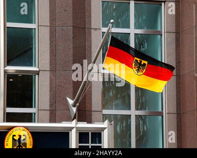 State flag of Germany above the Counsel General of Germany office in New York. Die Flagge der Bundesrepublik Deutschland. Stock Photo