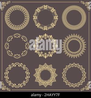 Vintage set of vector round elements. Different golden elements for design frames, backgrounds and monograms. Classic patterns. Set of vintage golden patterns Stock Vector