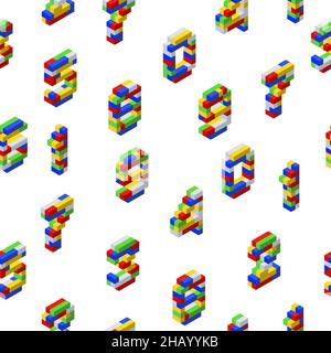 Isometric pattern from numbers collected from multicolored plastic blocks on a white background. For printing and decoration. Vector illustration. Stock Vector