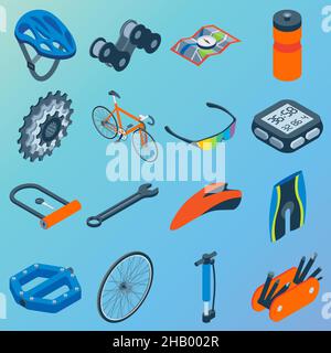 Vector set of bicycle parts isolated isometric icons. Bicycle objects and design elements. Bike repair gears. Stars, wheels, helmet, seat. Stock Vector