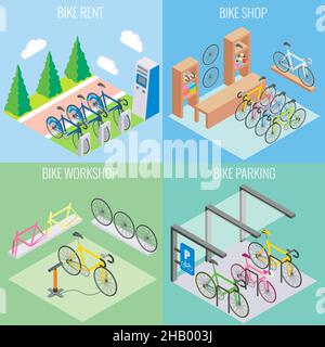 City bike concept vector in isometric style. Illustration in flat 3d design. Bicycle parking, repair shop and bike for rent Stock Vector