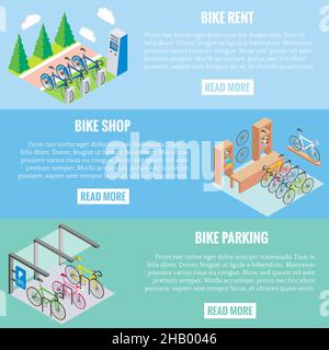 City bike concept vector banners in isometric style. Illustration in flat 3d design. Bicycle parking, repair shop and bike for rent. Web banners Stock Vector
