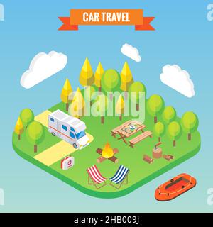 Car travel and camping isometric concept. Vector illustration in flat 3d style. Outdoor camp activity. Travel on camper Stock Vector
