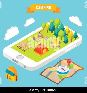 Camping in a park objects on mobile phone screen. Vector illustration in flat 3d style. Outdoor camp activity in a park. Stay online everywhere Stock Vector