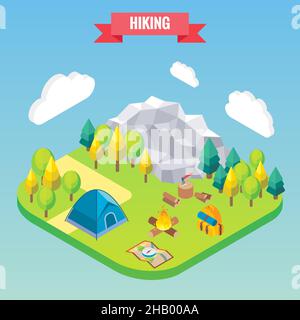 Hiking in mountain forest isometric concept. Vector illustration in flat 3d style. Outdoor activity Stock Vector