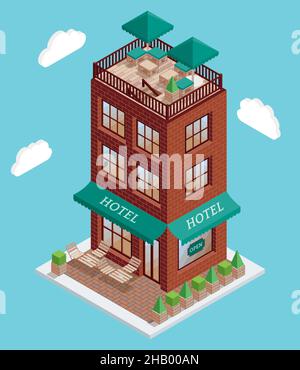Hotel icon in vector isometric style. Illustration in flat 3d design. Hotel building isolated element. City urban architecture for web and game design Stock Vector