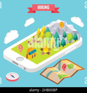 Hiking in a park isometric objects on mobile phone screen. Vector illustration in flat 3d style. Outdoor activity in mountain forest. Stay online Stock Vector