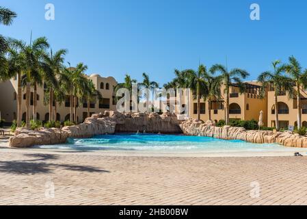Hurghada, Egypt - May 28, 2021: View of the wave pool in the Stella Di Mare Gardens Resort and Spa located in Makadi Bay, which one of Egypt beautiful Stock Photo