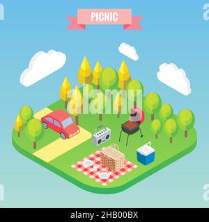 Picnic in a park isometric objects. Vector illustration in flat 3d style. Outdoor family vacation Stock Vector