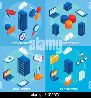 Data center concept vector isometric poster set Stock Vector