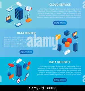 Data center concept vector isometric horizontal banner set Stock Vector