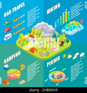 Travel infographic in vector isometric style. Camping outdoor activity. Flat 3d isometric design. Family vacation and hiking. Stock Vector