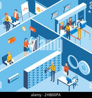 Vector illustration of bank interior in cutaway isometric view. Bank office with safety deposit box, atm, currency exchange and banking consulting con Stock Vector