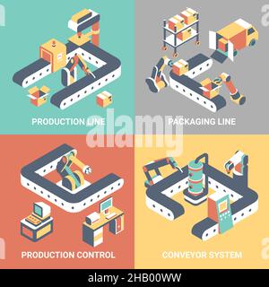 Conveyor vector flat isometric poster set. Conveyor system, Production and Packaging lines, Production control concept design elements for web banners Stock Vector