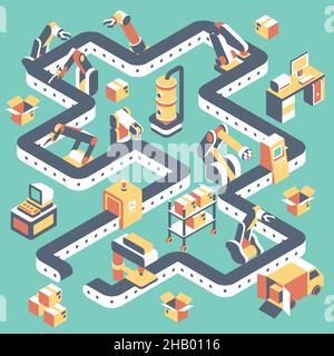 Factory automated production line vector flat isometric illustration with conveyor belt, industrial robots and manufacturing equipment. Stock Vector