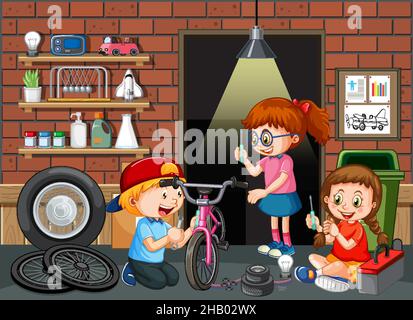 Garage scene with children fixing a bicycle together illustration Stock Vector