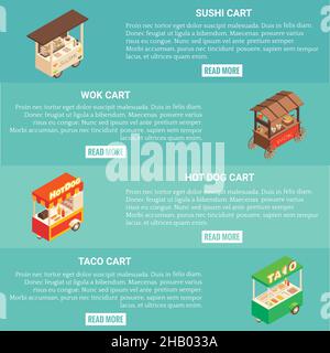 Vector set of fast food cart horizontal banners. Sushi, wok, hot dog and taco cart isometric icons, place for text. Stock Vector
